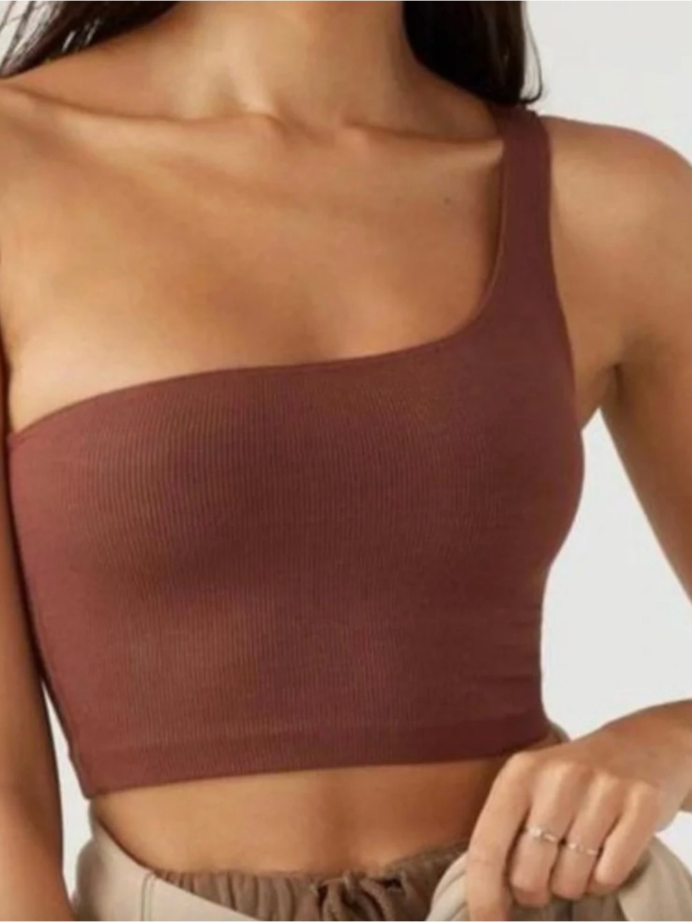 Joah brown ribbed brown one shoulder crop top